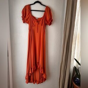 Patrons of Peace Orange Ruffle-Trim High-Low Maxi Dress
